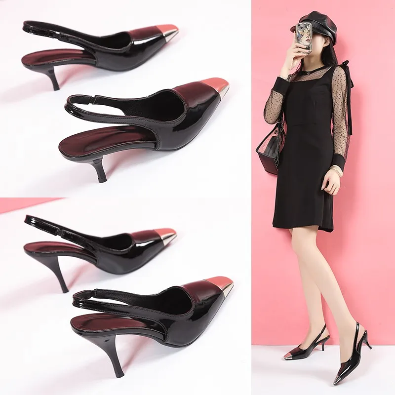 الكعب العالي النساء براءات الاختراع والجلود السوداء الحديد تو كعب ستيليتو مثير صغير ساحة تو ملفوفة تو الصنادل