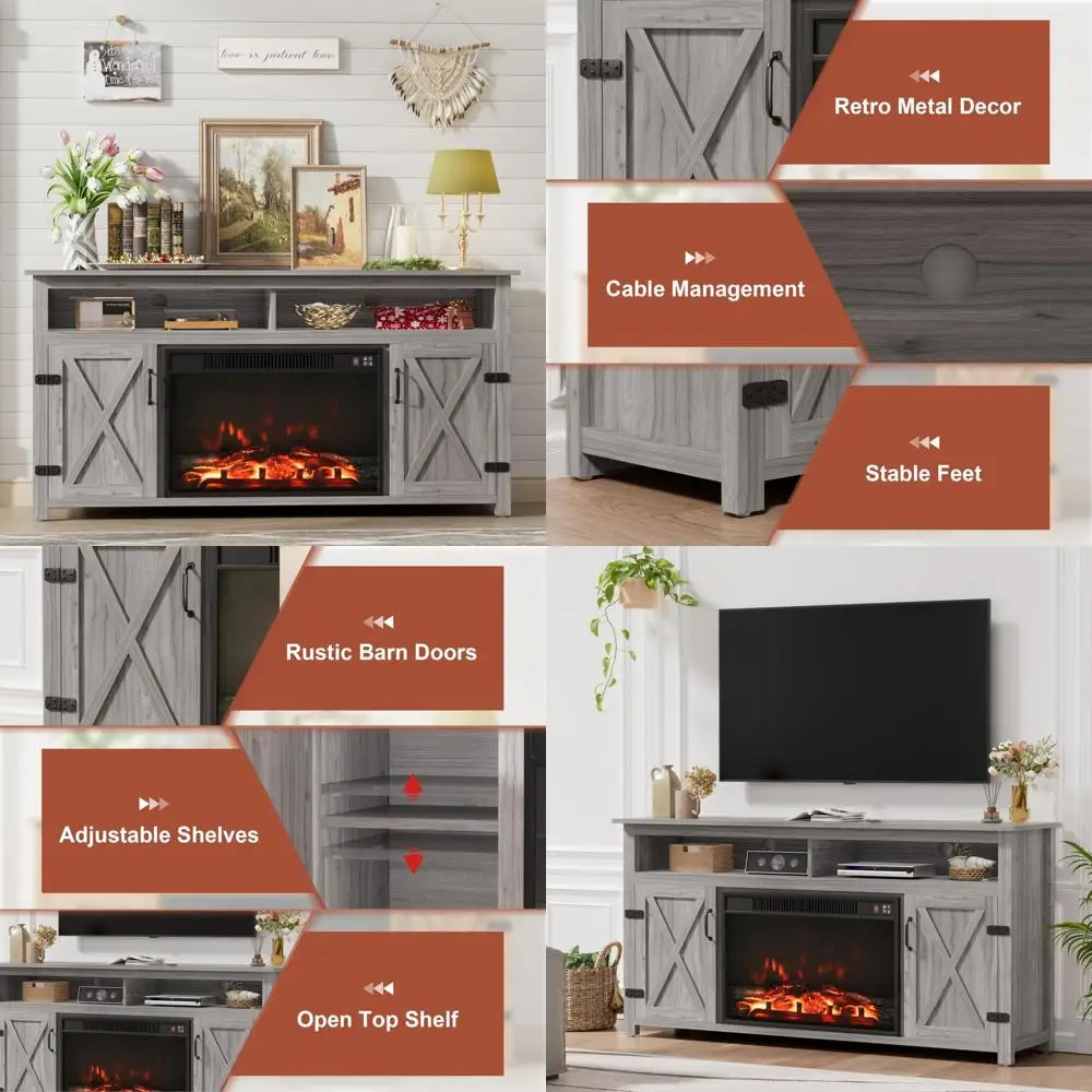 rustic medium-sized entertainment center with fireplace tv stand for 65-inch tvs and open storage
