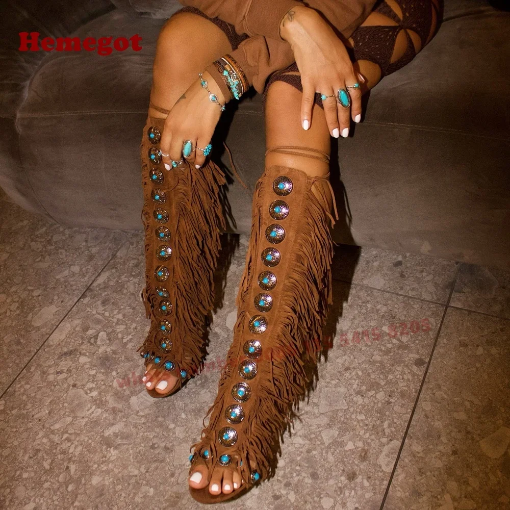 

Gemstone Tassel Sandals Frigne Open Toe Stiletto Heels Lace Up T-Strap Slingback Women's Sandals 2025 New Summer Brown Luxury