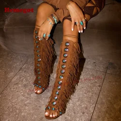 Gemstone Tassel Sandals Frigne Open Toe Stiletto Heels Lace Up T-Strap Slingback Women's Sandals 2025 New Summer Brown Luxury