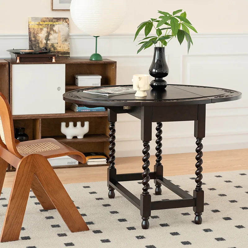 Medieval vintag solid wood table American coffee oval foldable French engraving