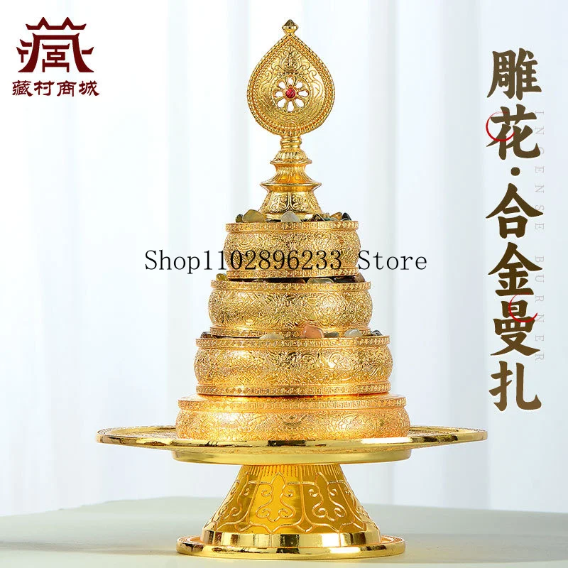 Hand-carved copper mandala tray, a seven-precious-jewel mandala for Buddhist altars, suitable for indoor study rooms and as a de