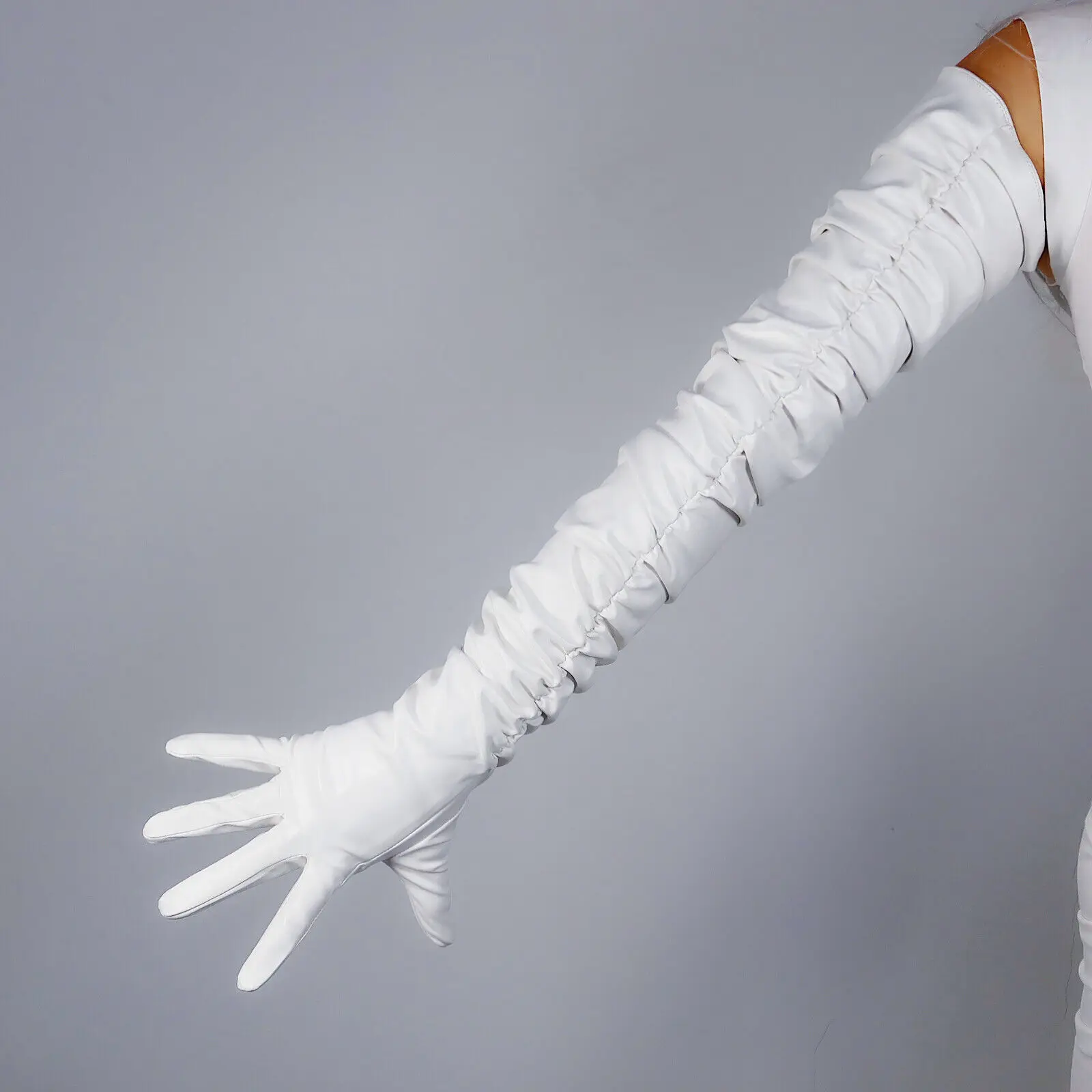 White RUCHED Leather GLOVES 100cm Shoulder Long Women's Pleated Faux PU Slim FITTED Fashion Costume Evening Cosplay Halloween