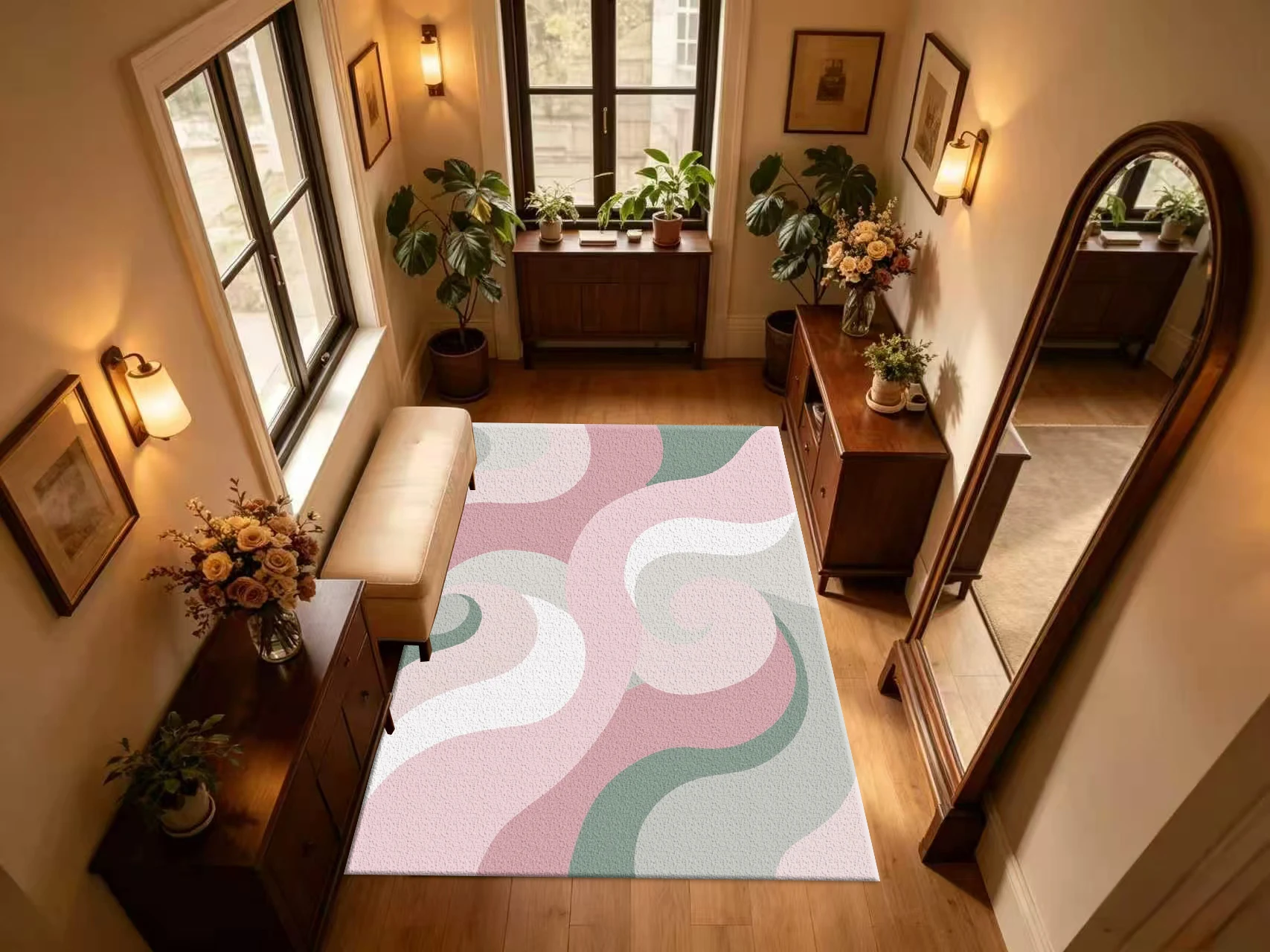 พรมปูพื้นลายคลื่นสีชมพูอ่อนและ - Printed Rug Abstract บทวิจารณ์และราคา