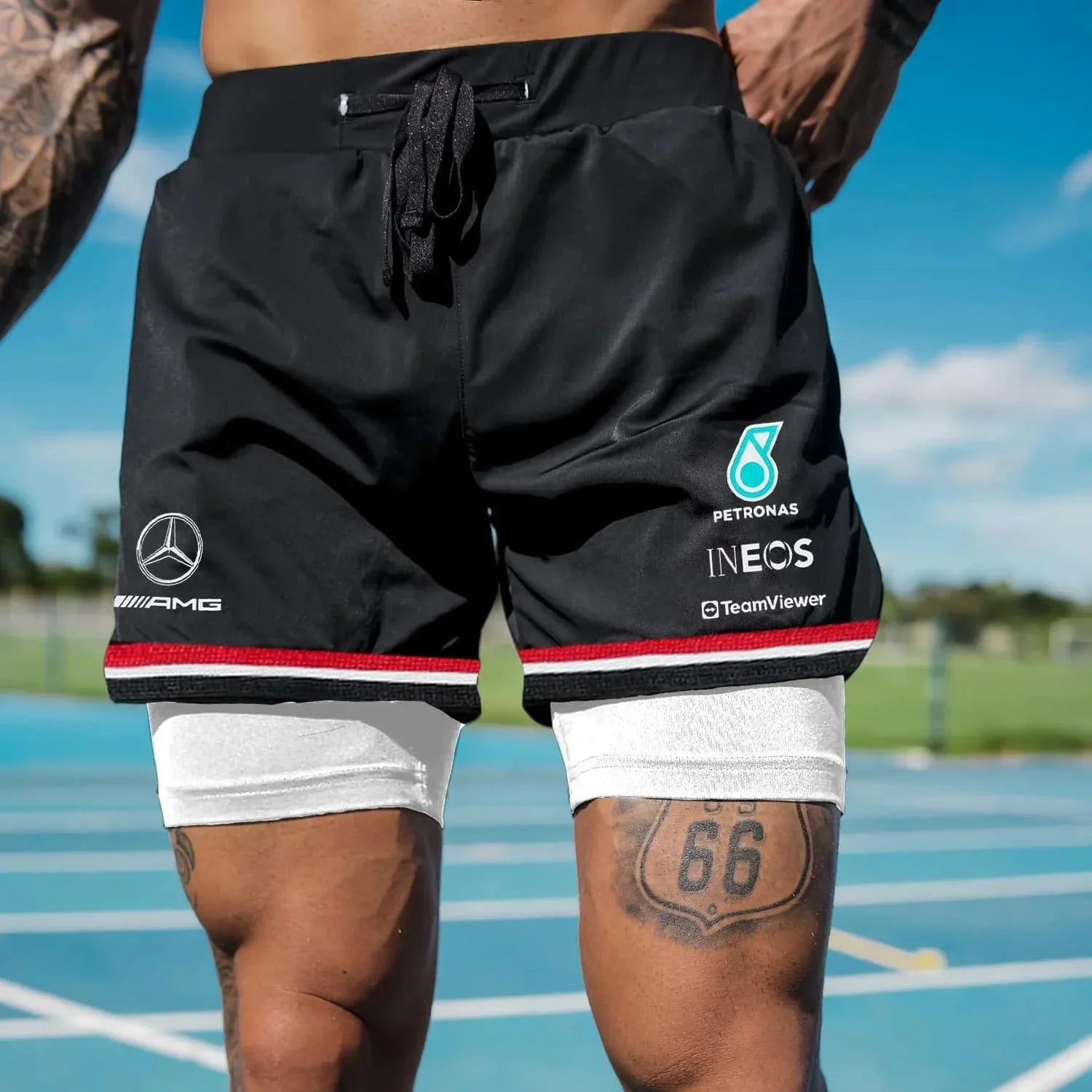 

New Summer Men's Quick-Drying Fake Two-piece Shorts Outdoor Casual Racing Print Sports Shorts Men's 2-in-1 Training Shorts Moto