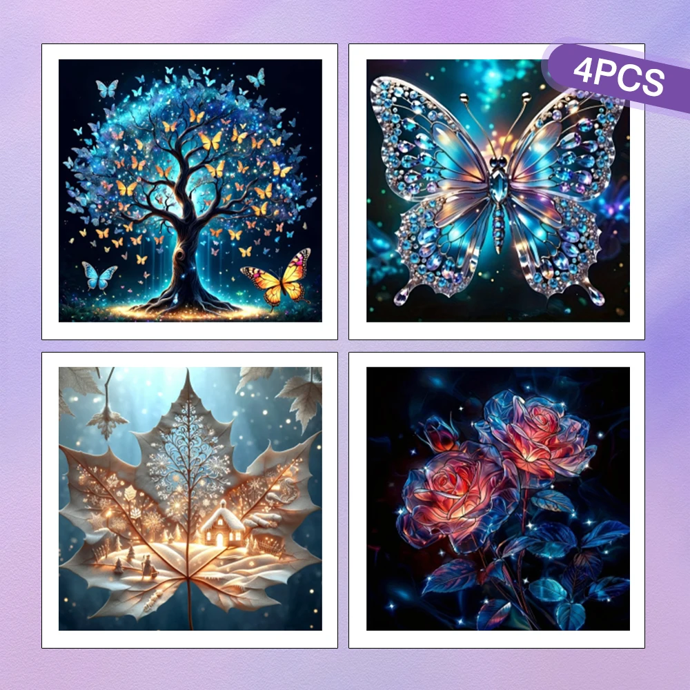 HUACAN 4PCS Diamant Gemälde Baum Rose Blatt Schmetterling Landschaft Kreuz Stich Handgemachte Hause Wand Dekoration Volle Runde Bohrer