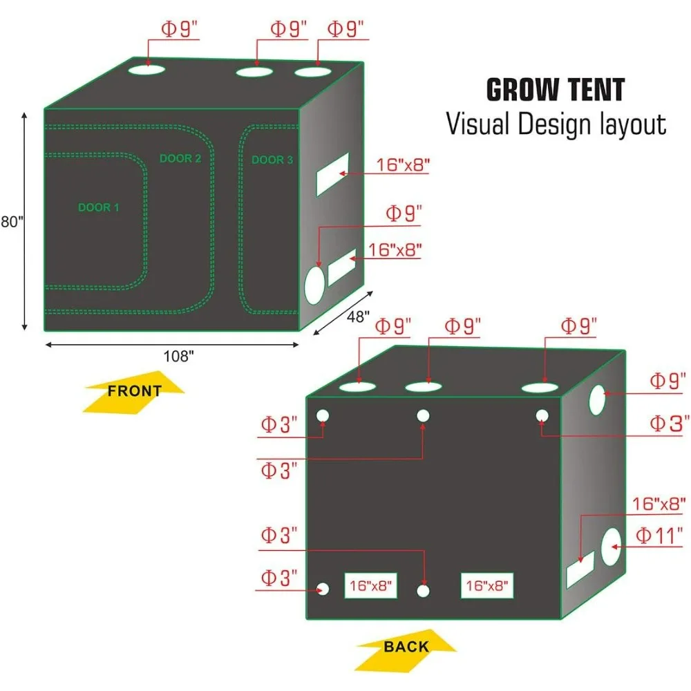 108''x48''x80'' 2-in-1 Hydroponic Indoor Grow Tent Propagation High Reflective 600D Diamond Mylar Growing Plant w/Metal Corner