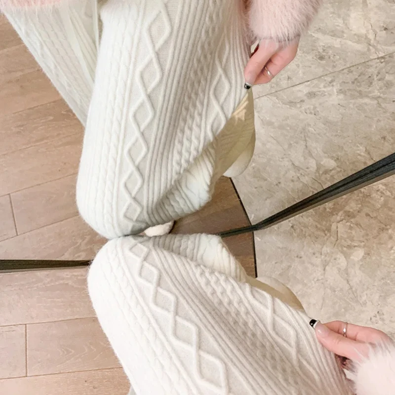 Autumn and Winter Knitted Wide-leg Pants for Women\'s Casual Loose Twist Pants Fashion High Waist Long Pants