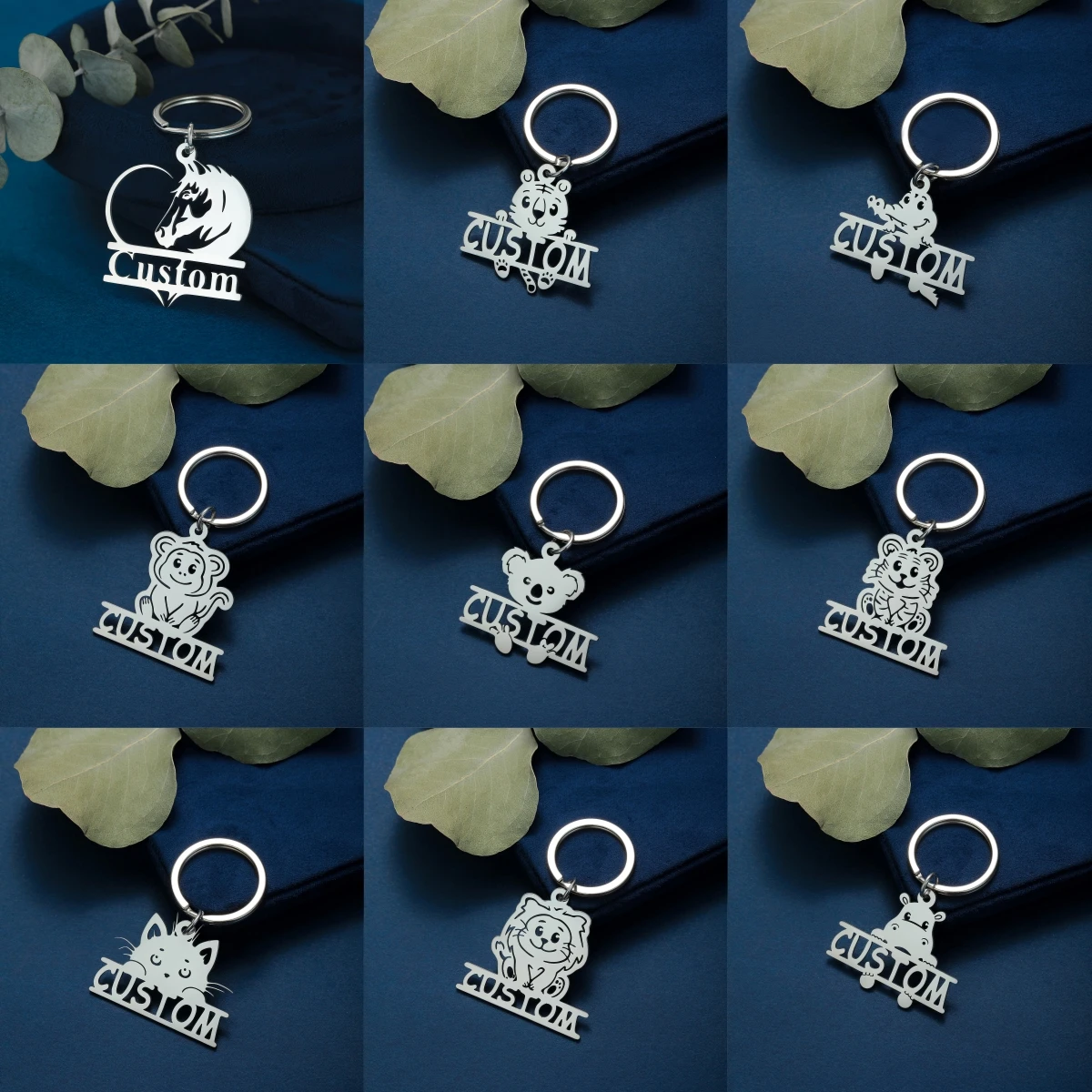 QIAMNI Crocodile Lion Cat Monkey Horse Pendant Key Chain Custom Number Name Keychain Stainless Steel Animal Keyring Ornament