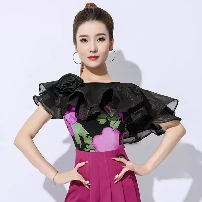 

Женские топы для латинских танцев с короткими рукавами, одежда для бальных танцев, национальный стандарт, боди для вальса, блузка для танго, тренировочные костюмы