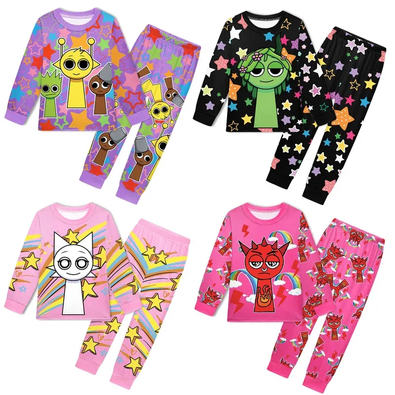 

l2025l New Cosplay Sprunki Figures Cartoon Spring Fall Kids Girls Teen Boys Tshirt Pants 2pcs Pajama Clothing Set Children Top P