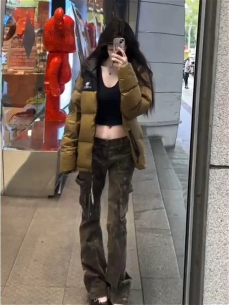 

Джинсы-клеш с низкой талией, удлиненные, в американском стиле, камуфляжные, женские, облегающие, эластичные, осенне-зимние, рабочие брюки