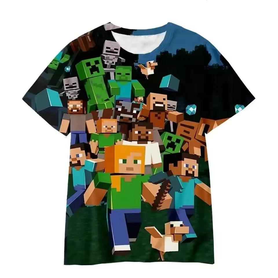 Uniqlo-T-shirt imprimé Minecraft 3D pour garçons et filles, décontracté, estival, mignon, bâtiment, nuits, dessin animé, haut populaire à l'intérieur et à l'extérieur