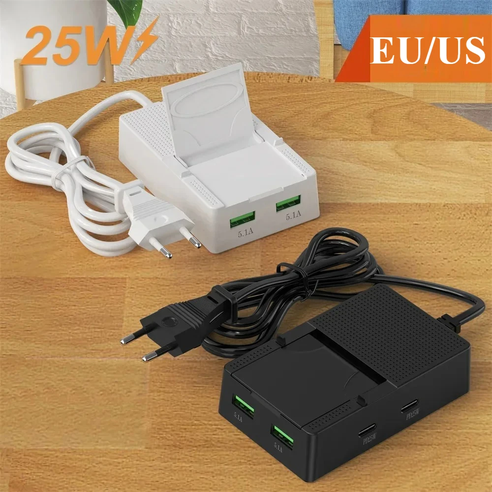 4 Ports USB Charger with Desk Holder Type C Multi Ports Power Strip Devices USB Type C Hub Adapter EU/US Plug Extension Socket