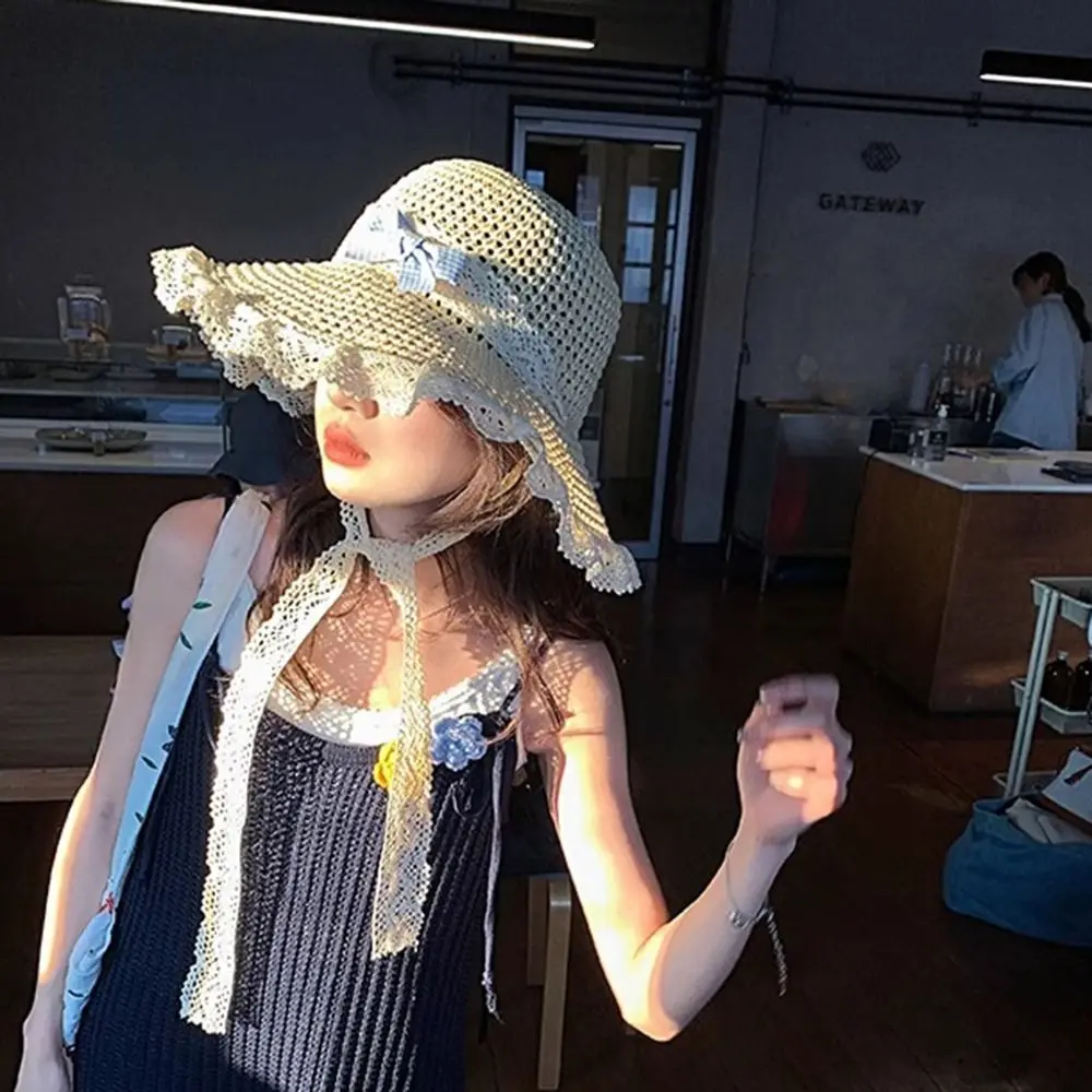 الصيف أنيقة كبيرة Bowknot قبعة الشمس الحلو واسعة حافة المرأة القش قبعة الشمس حماية تنفس الدانتيل حافة ظلة قبعة السفر #2