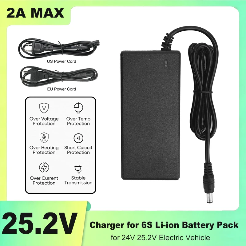 25.2V 2A Li-ion Battery Charger Suitable for 6S 21.6V 22.2V Li-ion Battery Packs Segway Ninebot ZING C8, C10, C20, and E2 Plus