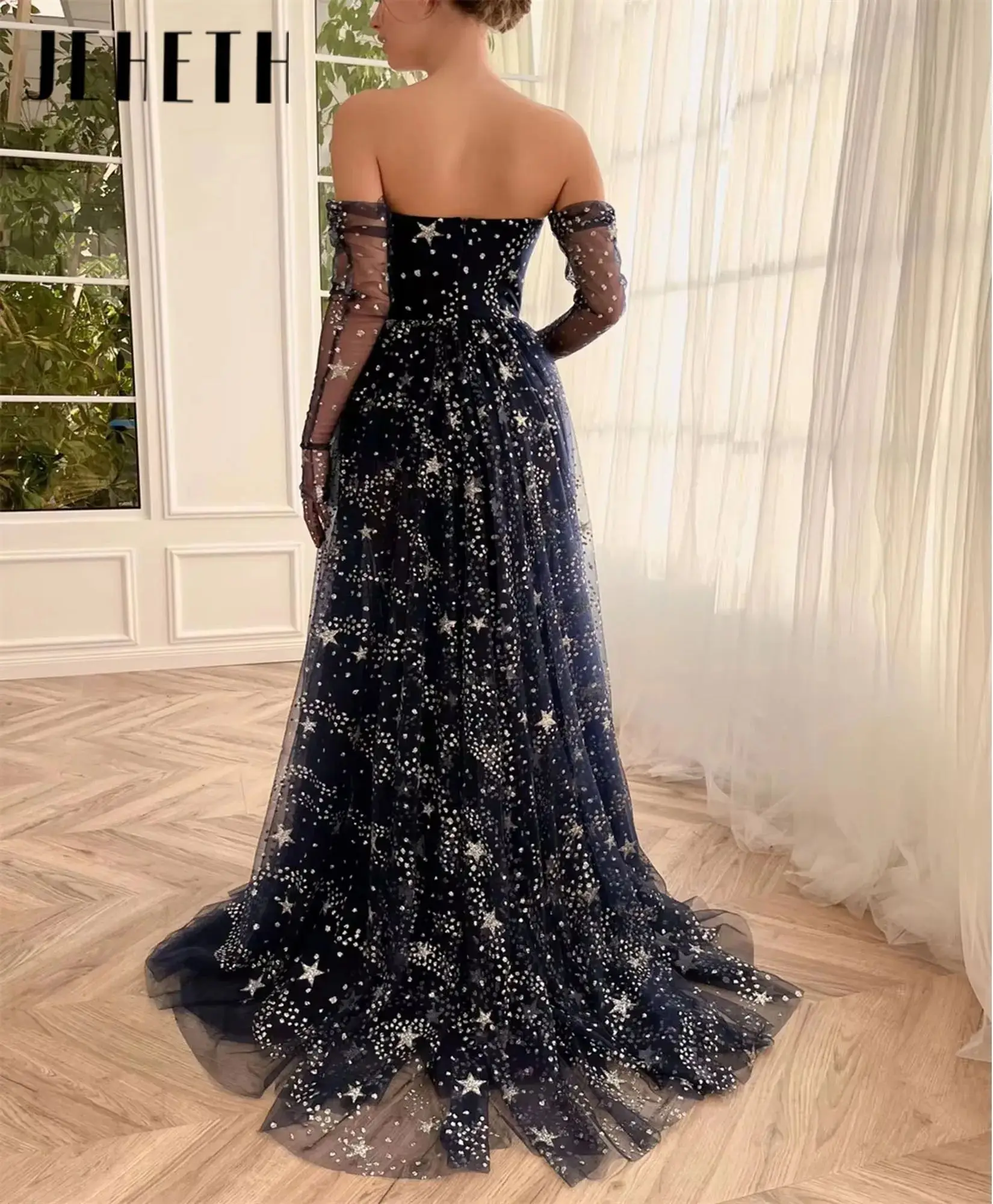 A-line فساتين السهرة Dark Blue Star Prom Dress Strapless Party Dress Detachable Sleeves Sexy Side Split Quinceanera Dress Custom