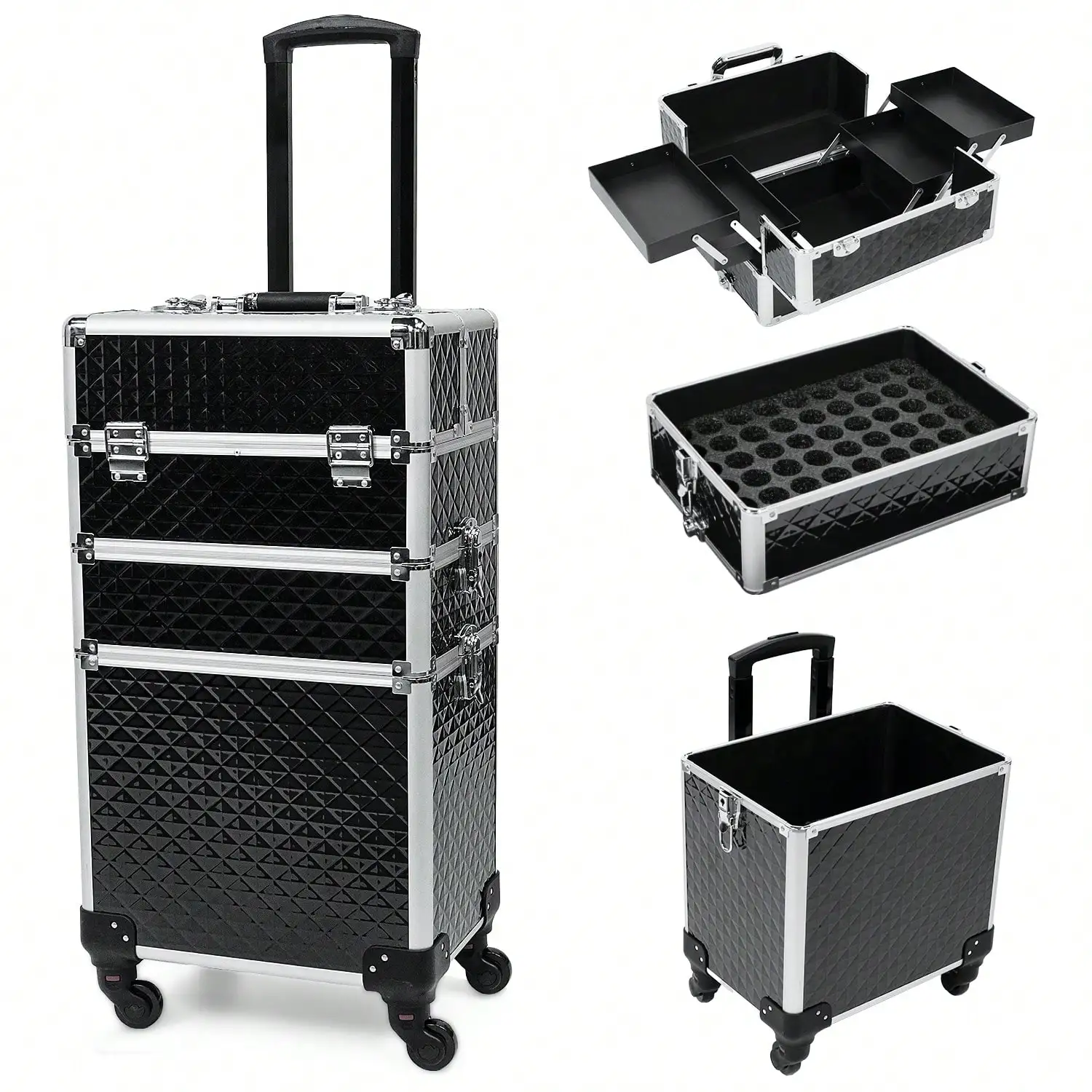 

3 In 1 Rolling Makeup Train Case, Vintage Black Professional Cosmetic Trolley with Large Storage, Lock & Swivel Wheels, Portable Salon Cart for Makeup Artists, Hairstylists & Nail Tech, Travel & Vanity Essential for Women