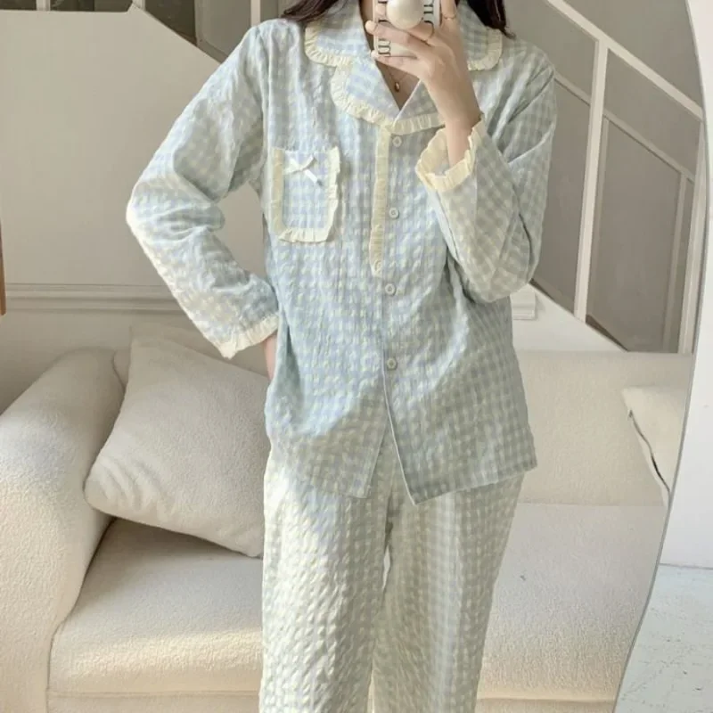 

Japanese Plaid Sleepwear Women Sweet Pajama Set Long Sleeve Cardigan Pants Loungewear Cotton Printed Nightwear Soft Pajamas