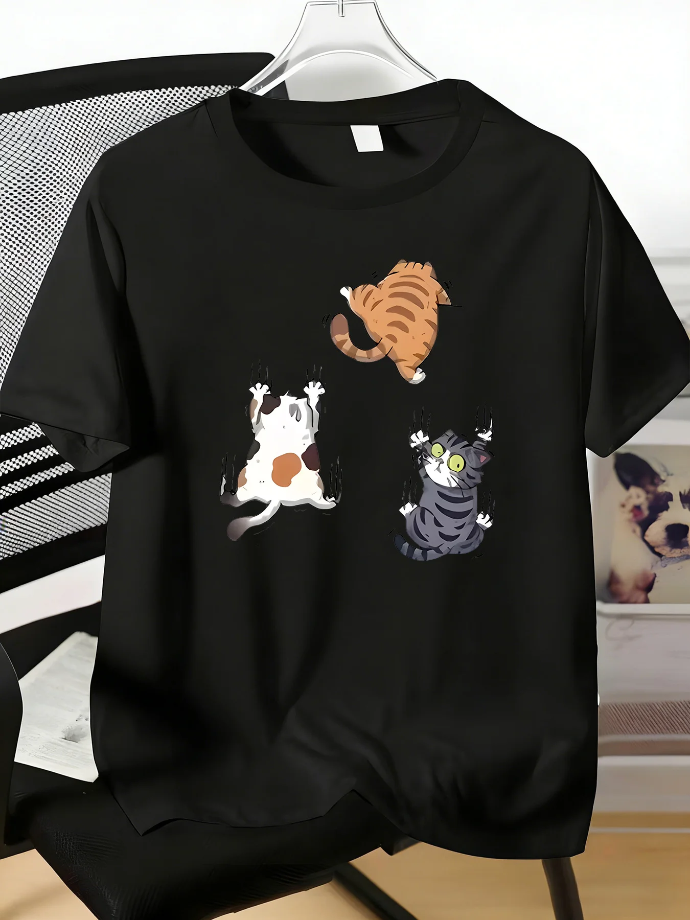 Fashion Mens Short Sleeve Crew Neck Tee Funny Hanging Cats Cartoon Animal Print Soft Cotton Daily Street Casual Male Basic Tops