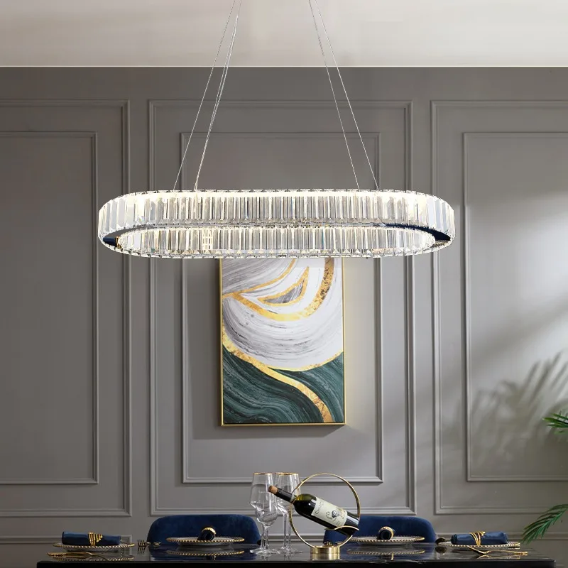 Crystal Ring Pendant Lights Lamp For Kitchen Island Dining Living Room Bedroom Modern Chrome Linear Oval Crystal Chandeliers