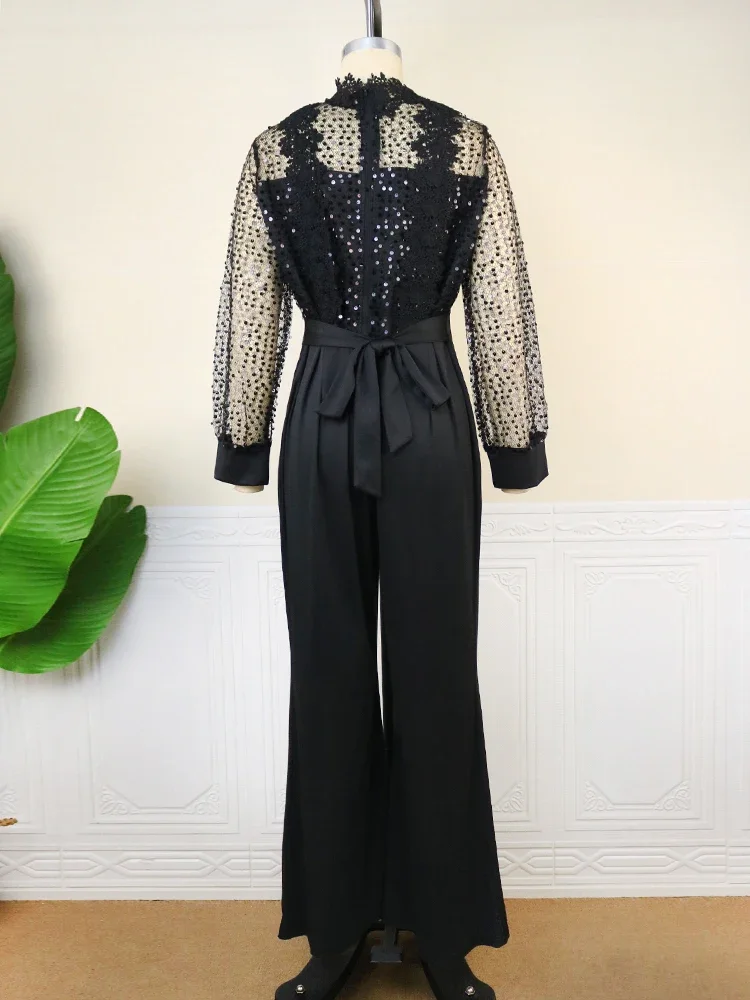 Jumpsuits for Women Dressy Party High Neck Sequin Lace See Through Long Sleeve Wide Leg Rompers White Black One Piece Outfits