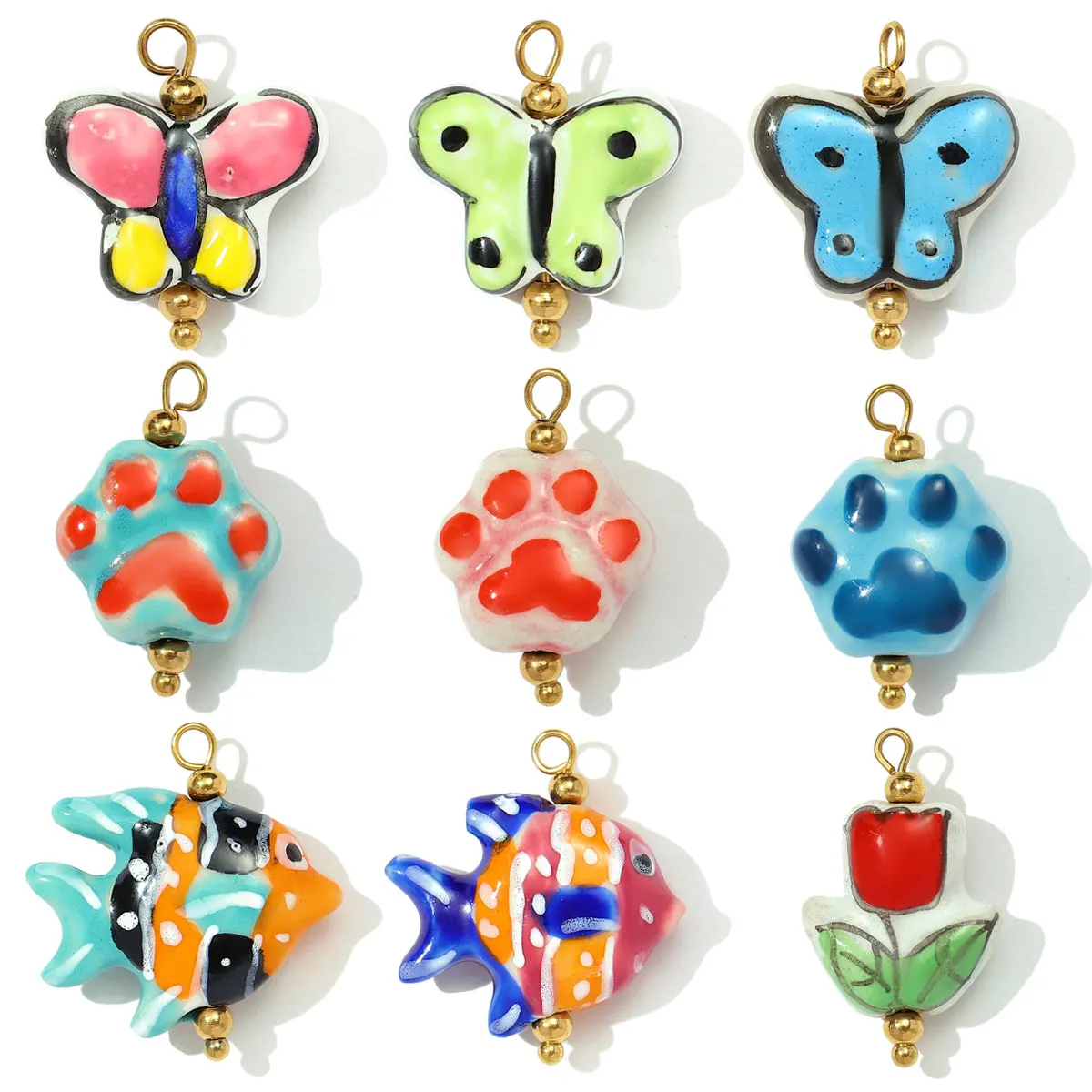 3pcs/Lot Stainless Steel Colored Ceramic Paw Fish Necklace Pendant Rose Butterfly DIY Earring Charms Women Tulip Flower Jewelry