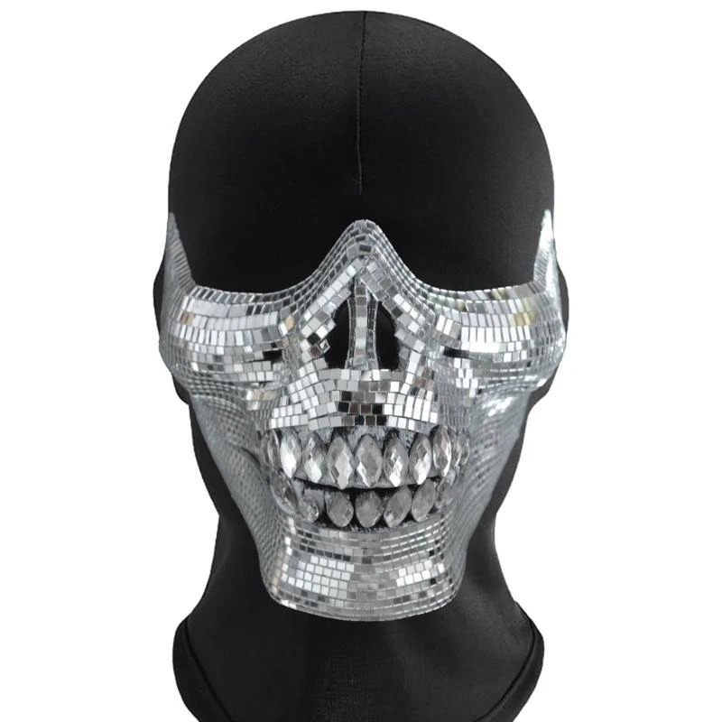 Crystal Skull Half Face Mask Dress Accessory Suitable for Halloween and Costume Parties with Reflective Disco Designs