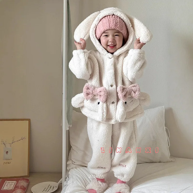 Sanrios Child Hooded Velvet Suit Cartoon Cinnamoroll Kawaii Winter Autumn Keep Warm New Anime Lounge Clothes Embroidery Suit