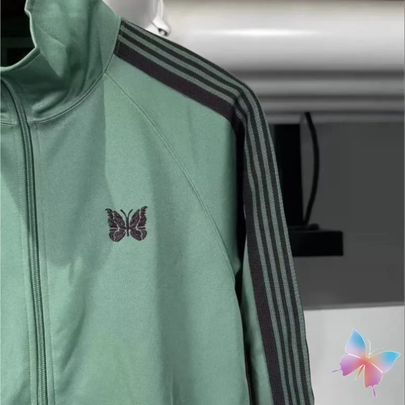 Green Embroidered Butterfly Jacket High Street Men Women Cleanfit High Quality Side Stripes Track Zipper Coats