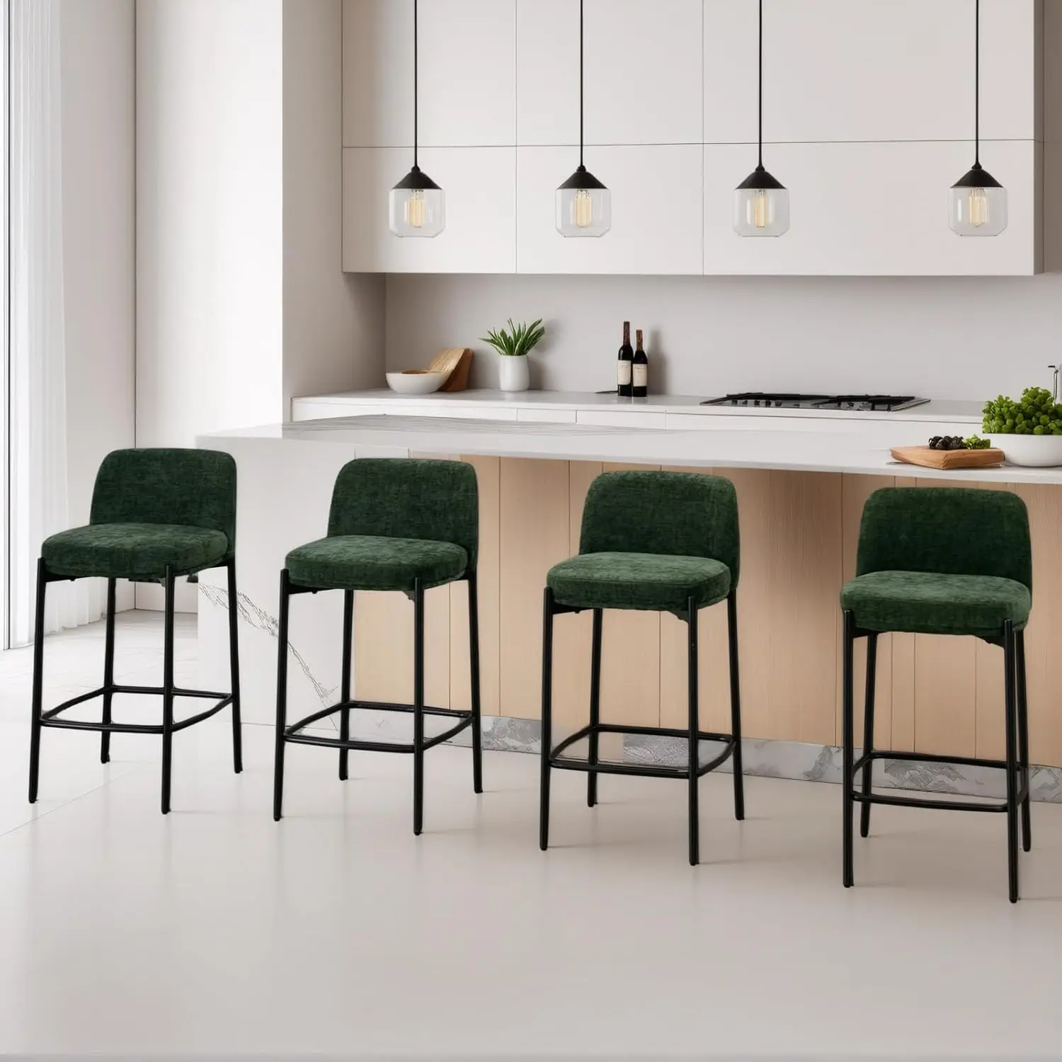 

26" Green Chenille Counter Stools Set of 4 Curved Back Armless Black Metal Frame Kitchen Dining, Customized