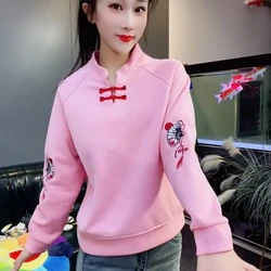 Chinese Style Fashion Spring Autumn New Women O-Neck Embroidery Frog Chic Casual Long Sleeve Short Pullovers Sweatshirts Tops