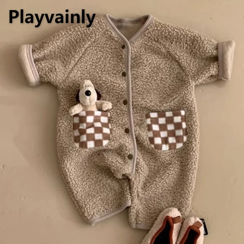 الكورية نمط الفتيات الفتيان لطيف الكرتون الزحف الملابس الكاكي المشمش الخامس الرقبة واحدة الصدر الصوف السروال القصير ملابس الطفل D2149-3 #1