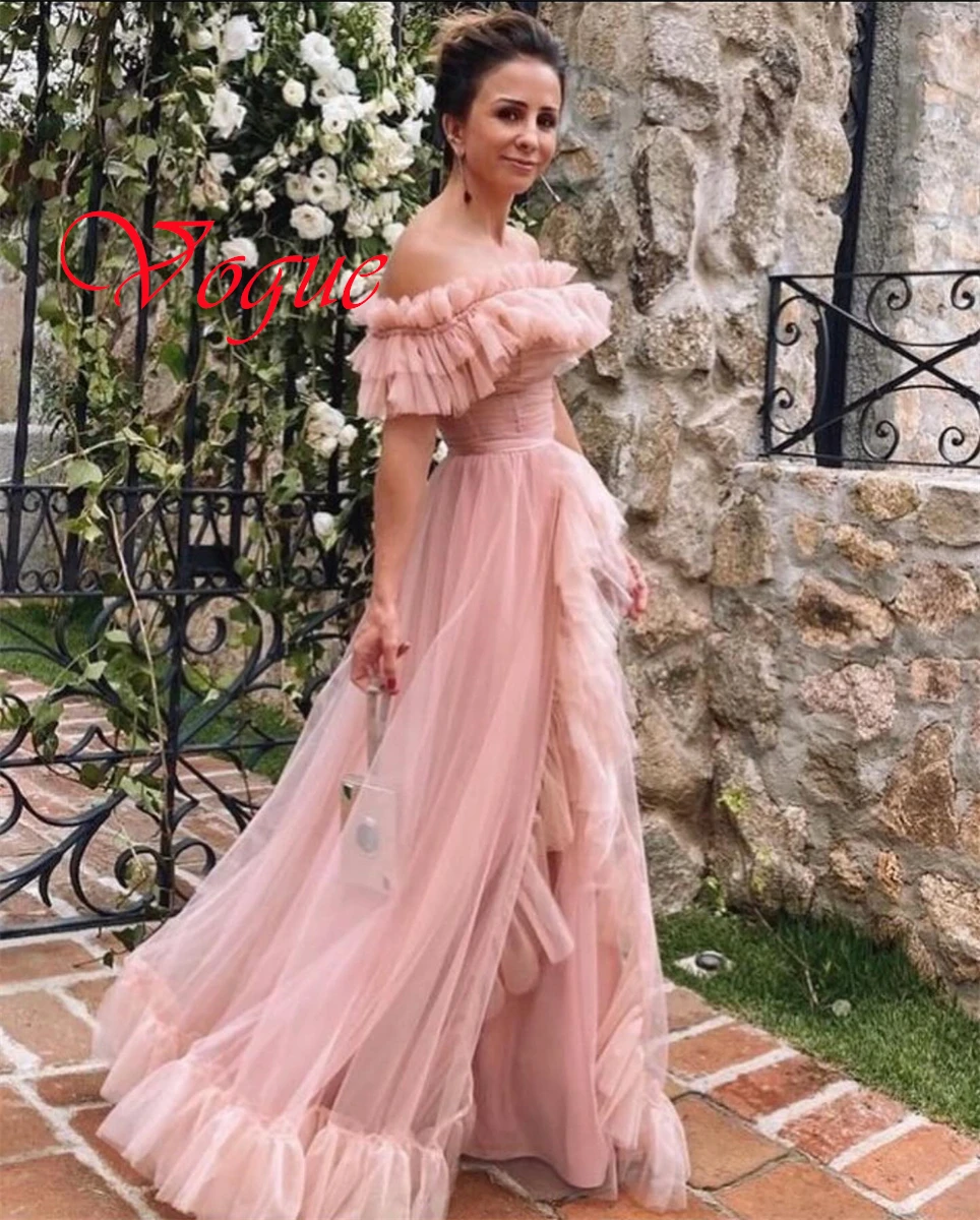 

Customized Delicate Pink Tulle Evening Dress Modern Strapless Off the Shoulder Short Sleeves Zipper Back Special Occasion Gowns