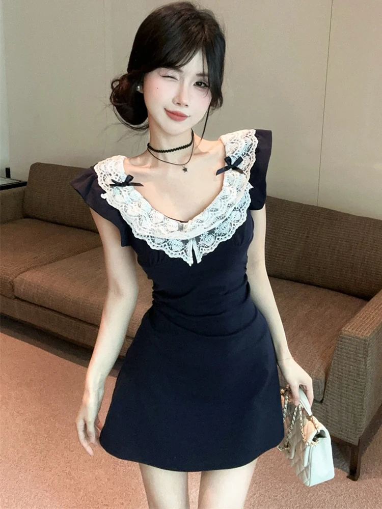 2025 Zwart Patchwork Kant Boog Slash Hals Sexy Mini Jurk Vrouwen Vintage Bodycon Hip Wrap Jurk Zomer Koreaanse Elegante Feestjurk