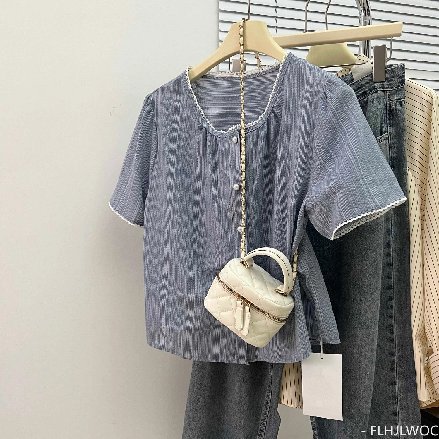 코튼 블렌드 블루 스트라이프 상의, 귀여운 일본 스타일, 소녀 레트로 빈티지 캐주얼 싱글 브레스트 단추 셔츠, 여름