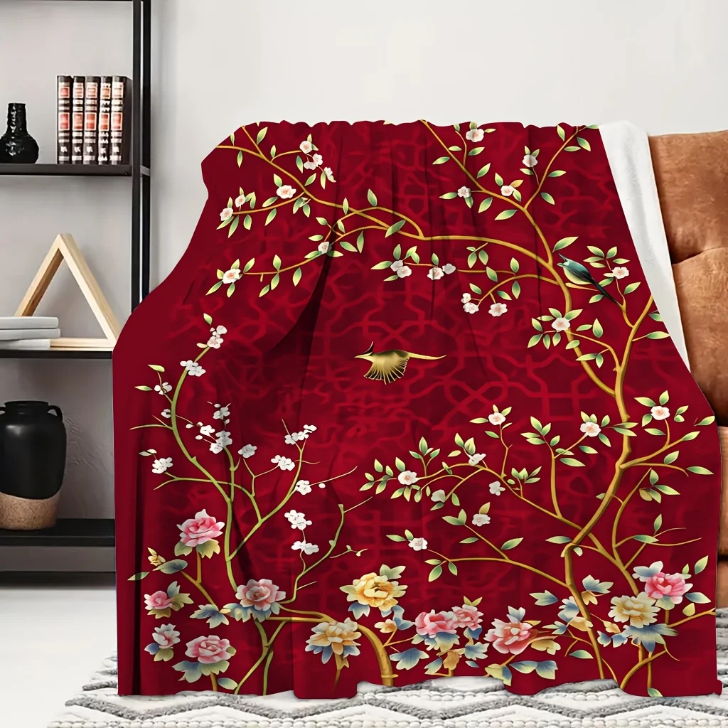 1pc Dark Red Plum Blossom Branch Vintage Chinese Print Flannel Blanket, Practical And Ultra Soft, Suitable for Blankets, Bed Cov