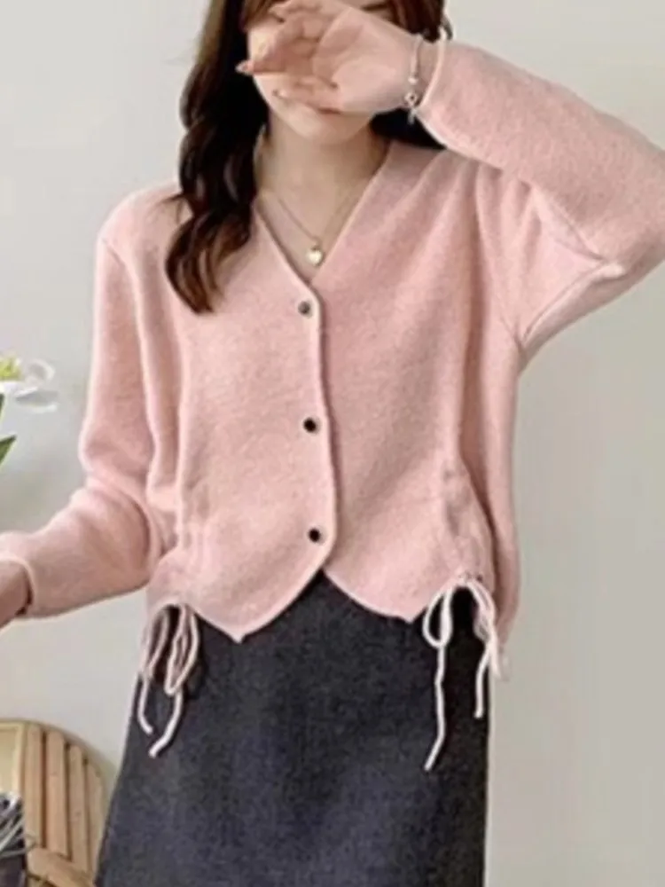 Cardigan à col en V pour femme, pull à manches longues, haut à lacets, veste douce et adt, décontracté, dame de bureau, trajet quotidien, automne, 2024