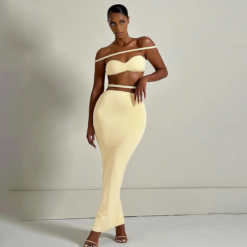 

Spring And Summer New Fashion Braided Off-the-shoulder Chest Wrap Top Long Skirt Two-piece Set Solid Color Temperament And Ankle