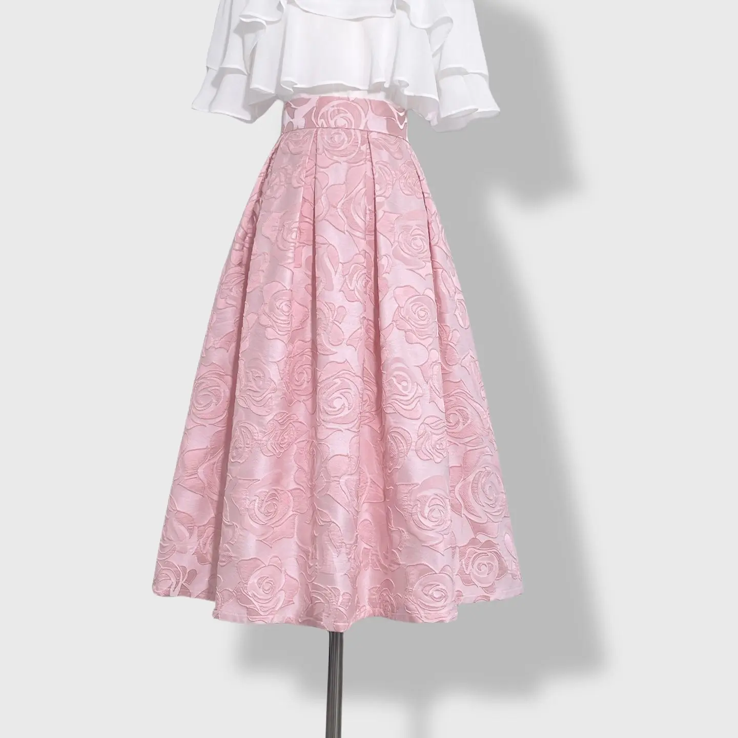 

Женская весенне-осенняя розовая жаккардовая юбка с высокой талией, расклешенная юбка-миди