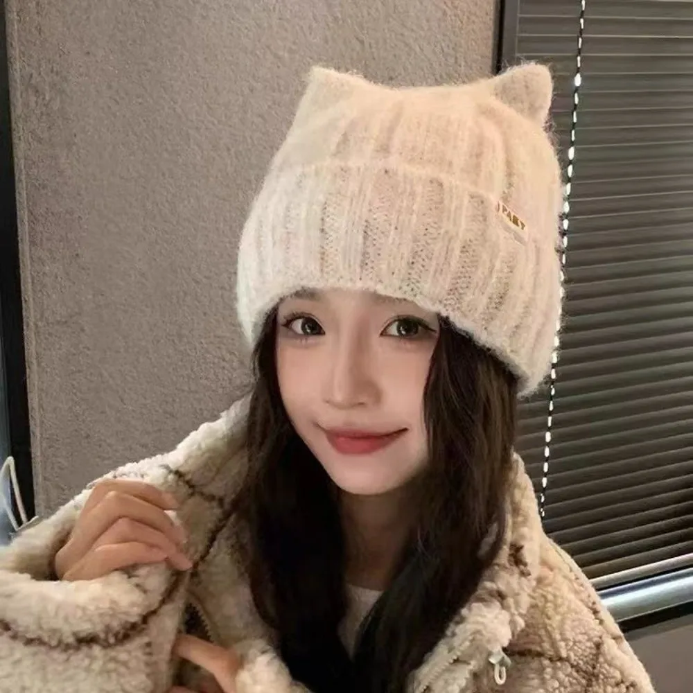 

Fashion Wool Cat Ears Hat Windproof Warm Knitted Pullover Hat Korean Style Y2k Women Beanie Hats Autumn Winter