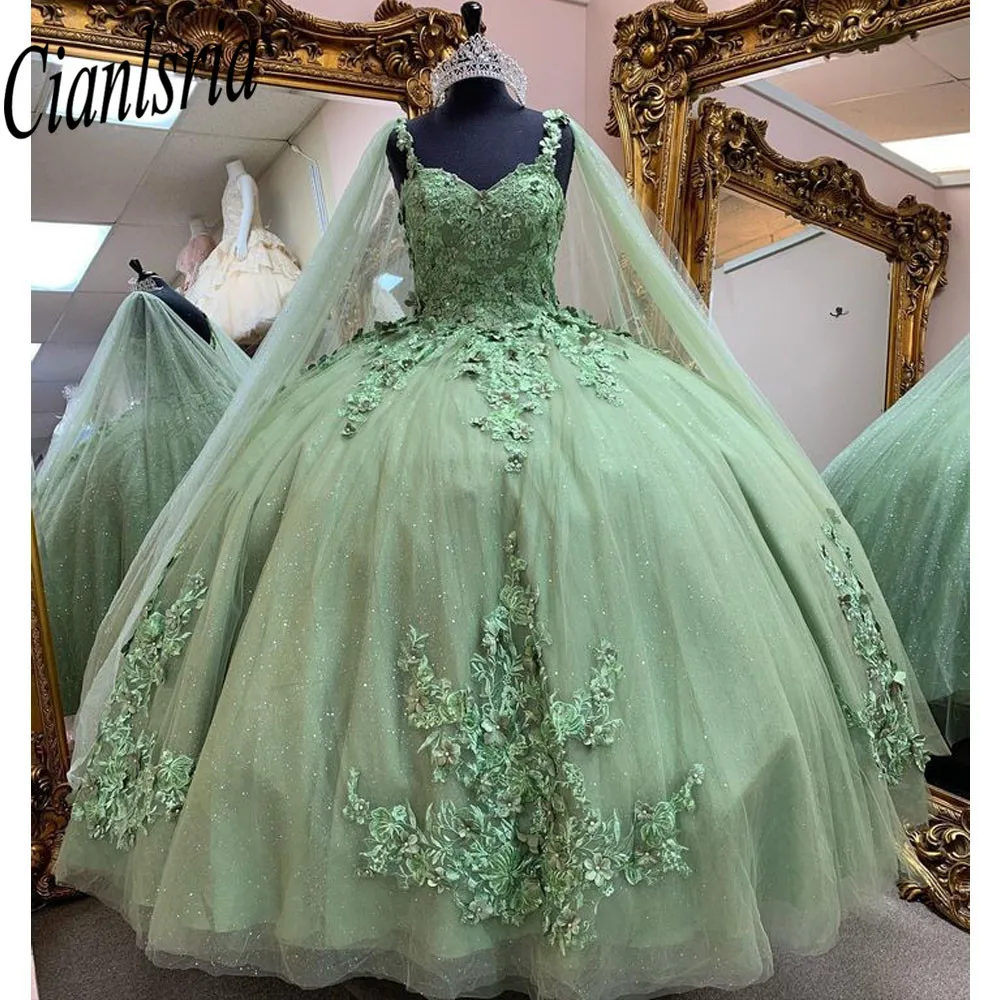 Vestidos De quinceañera verde menta, 15 Vestidos De XV Años hechos a mano con apliques De encaje De mariposa con capa De cristal dulce