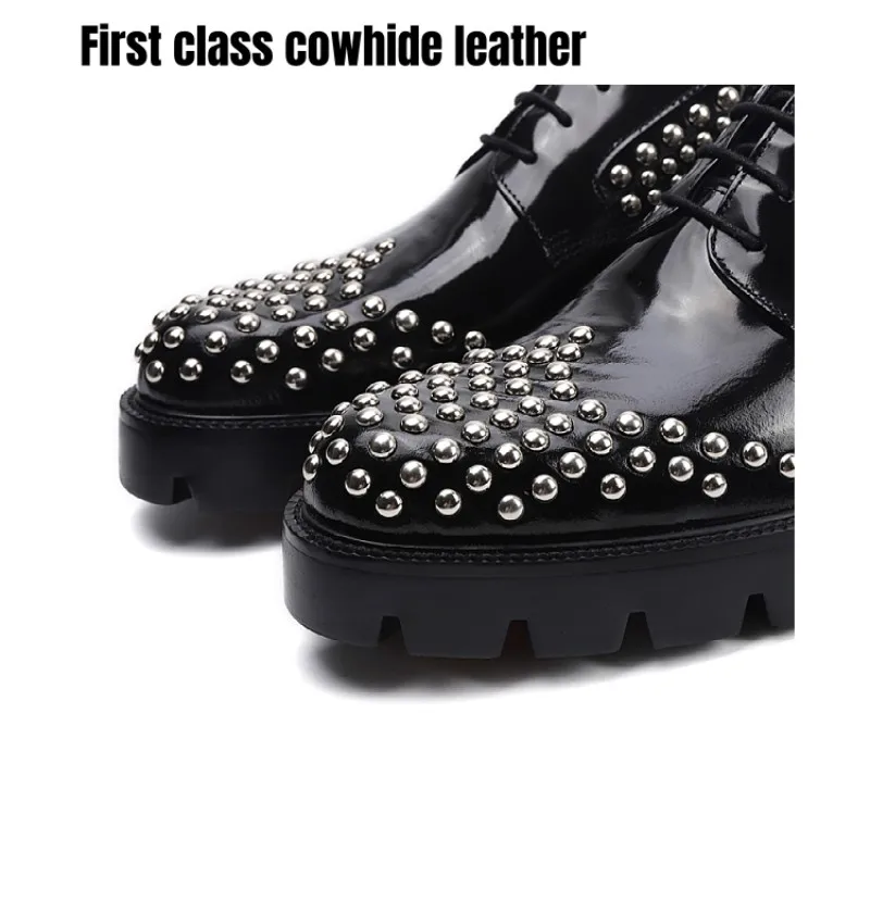 PDEP Men\'s Formal Business Gneuine Leather Dress shoes Luxury Lace up cowhide Korean Metal Rivet Handmade Block Chaussure Homme