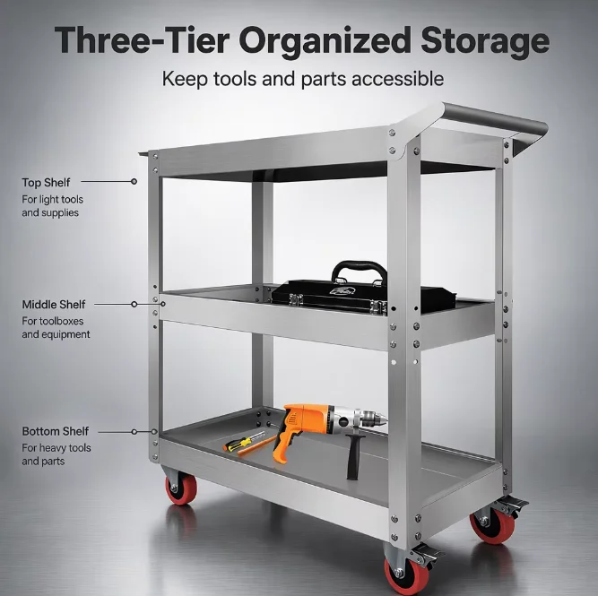 a for3 Tier Stainless Steel Tool Trolley Heavy Duty Workshop Utility Cart With Brake Casters, Mobile Storage Service Cart