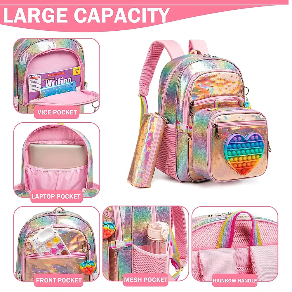 3PCS Nowy plecak szkolny dla dziewczynek Cute Love mochilas for Elementary School Bags with Lunch Box Kids Pink Backpack Set for Girls