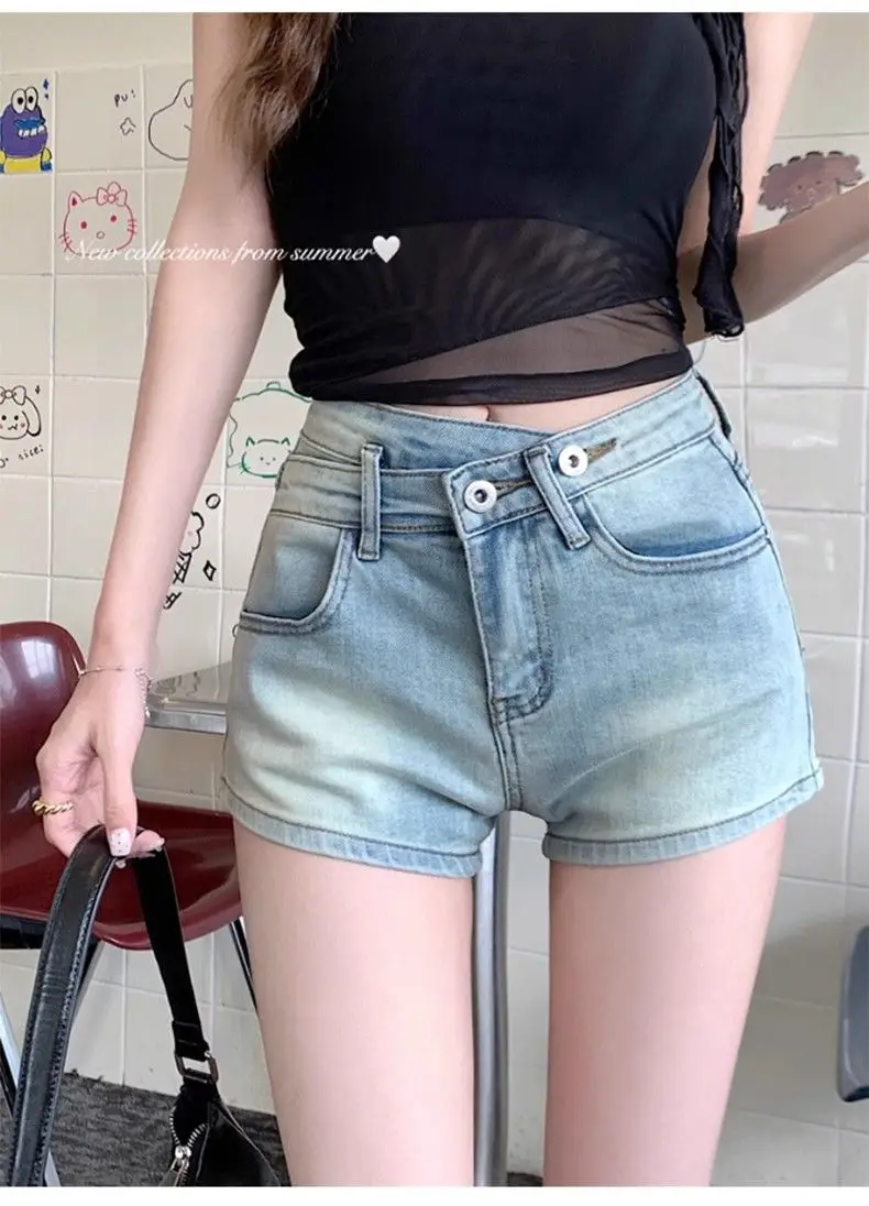 Women High Waist A-Line Denim Shorts Zipper Casual Jean Shorts With Pocket Button Slim Female Office Shorts Summer