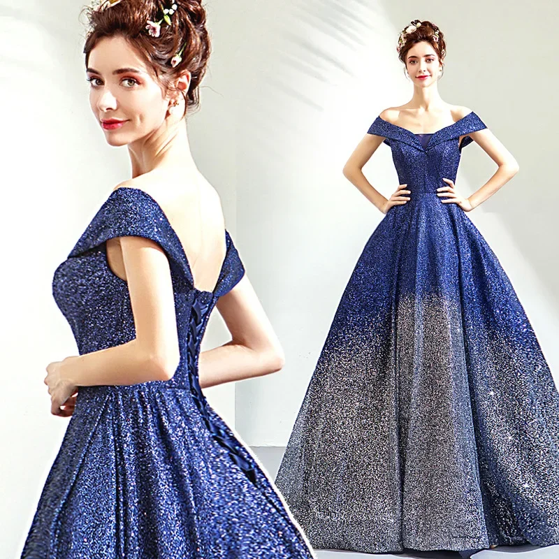 2024 Elegant Gradient Blue Dinner Party Dresses Stage Performance Fantasy Star Wedding Dresses Wholesale Women Evening Dress