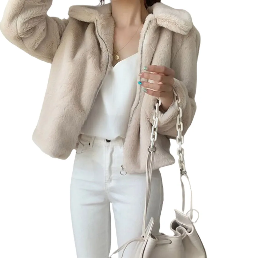La temporada gran oferta de Otoño Invierno nueva chaqueta peluda cálida con solapa gruesa piel Artificial estilo corto Top de piel de conejo