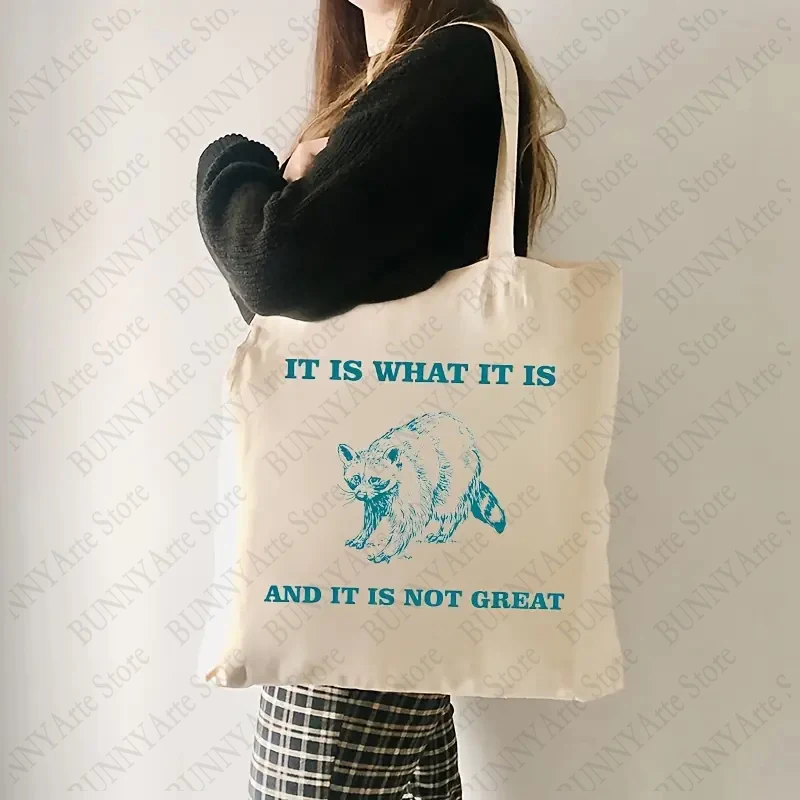 It Is What It Is and It Is Not Great Pattern Tote Bag Kawaii Raccoon Canvas Shoulder Bags Raccoon Portable Women Shopping Bag