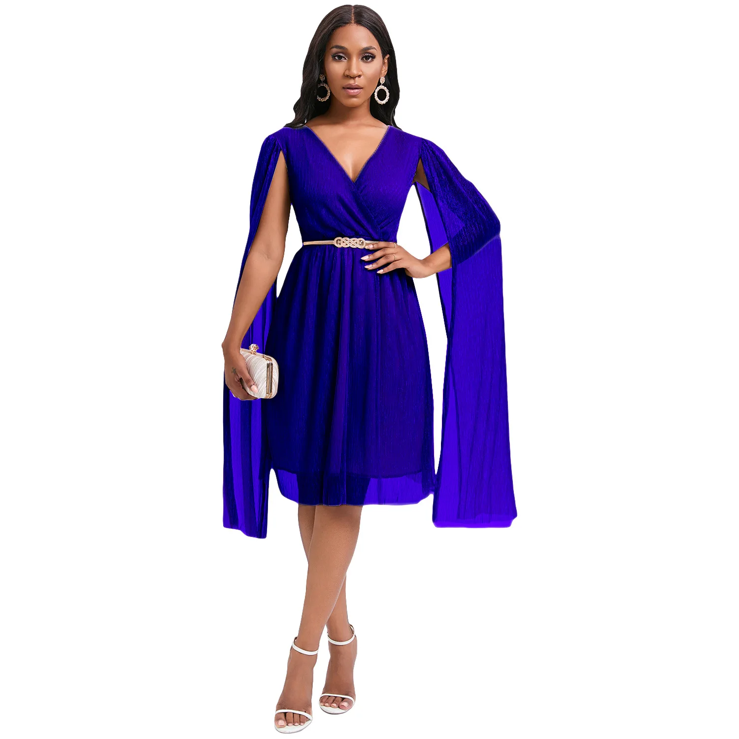 African Dresses for Women Summer Sexy African Cloak Sleeve Polyester V-neck Blue Khaki Rose Red Knee-length Dress with Belt